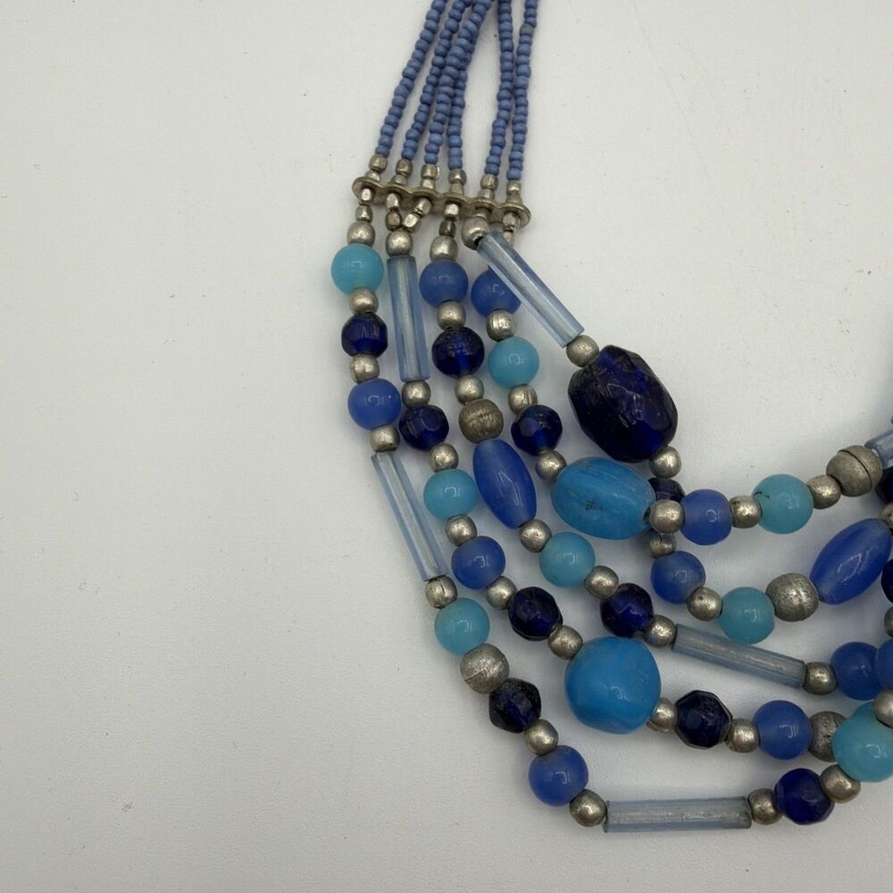 Multi Strand Blue Beaded Necklace Boho Statement Layered Glass Seed Beads - Picture 3 of 7